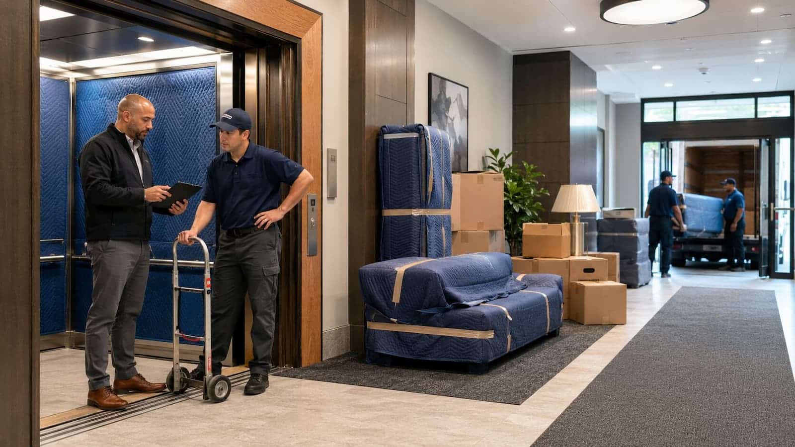 Building manager and mover coordinating a padded freight elevator during a busy Boston apartment moving period