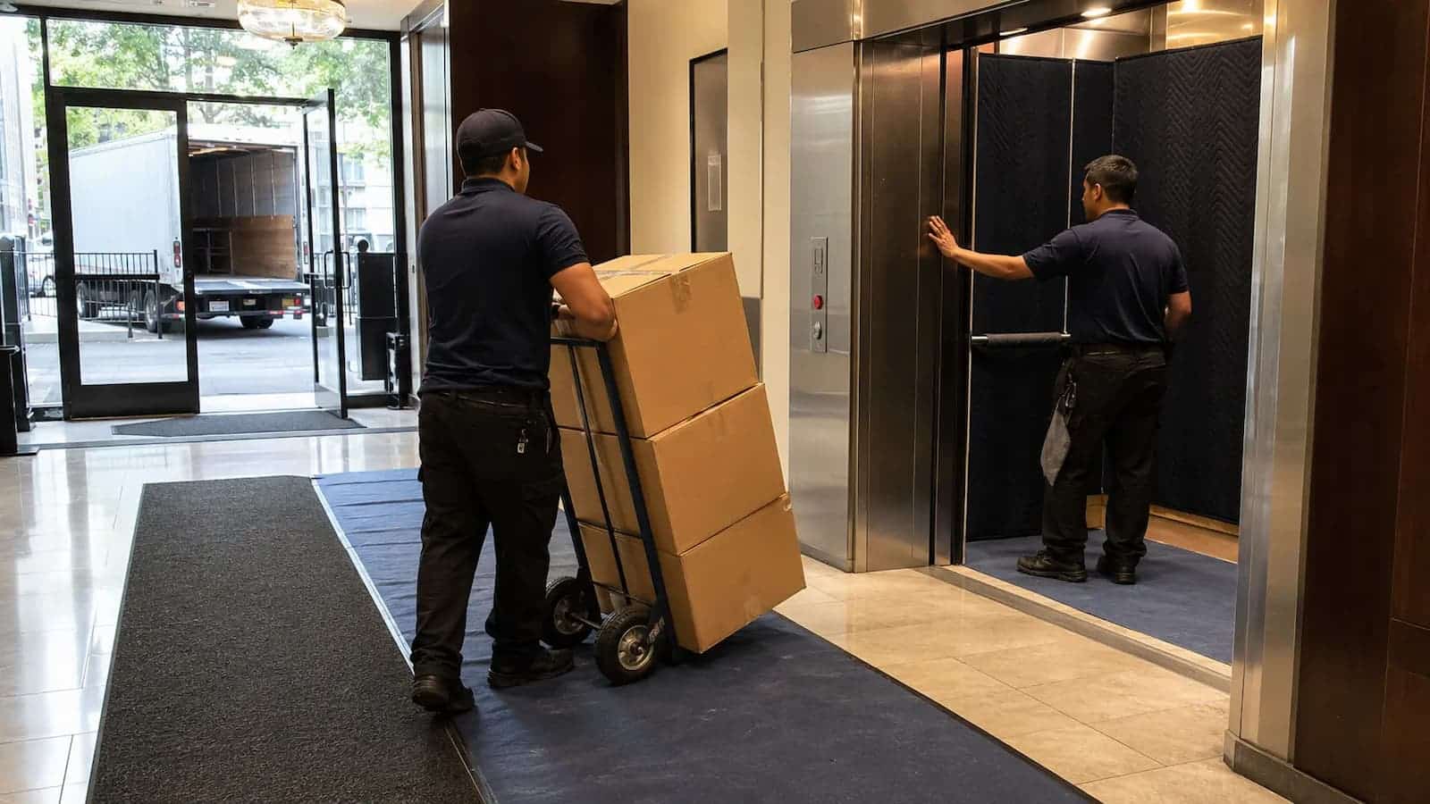 Boston Apartment Elevator and Parking Access Movers using a protected service elevator with a moving truck parked outside a Boston apartment building