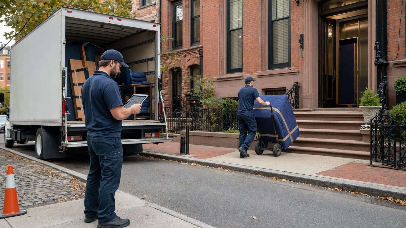 Professional movers evaluating truck parking, carry distance and entrance steps at a Boston brownstone