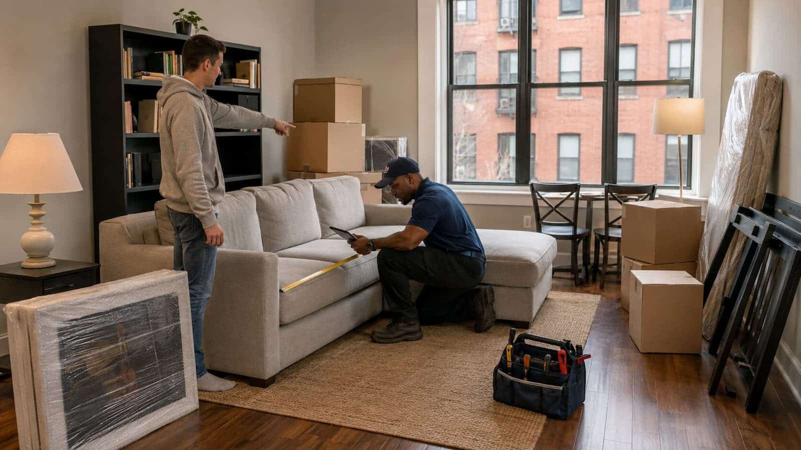 Professional mover measuring a sectional sofa and documenting household inventory in a Boston apartment