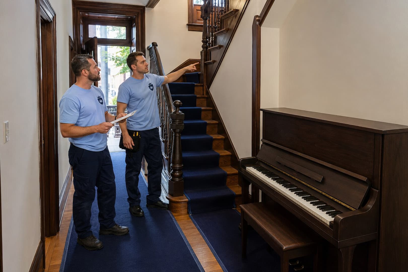 Esquire piano movers reviewing a narrow Boston brownstone stairway before moving an upright piano