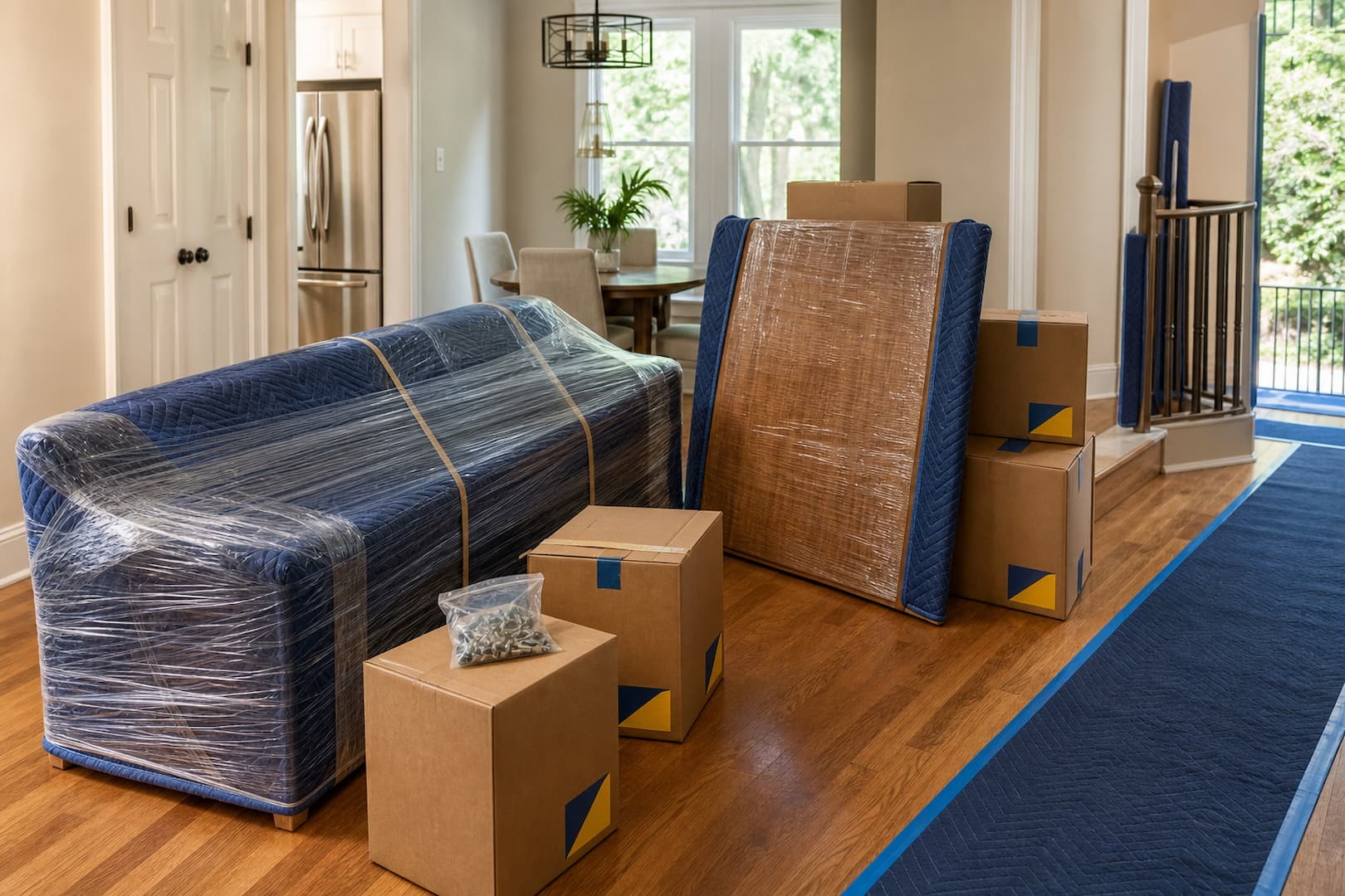 Furniture padded and cartons organized for a Boston to Atlanta move