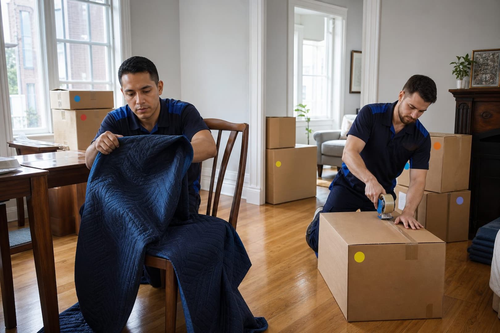 Professional movers preparing furniture and cartons in a Boston apartment