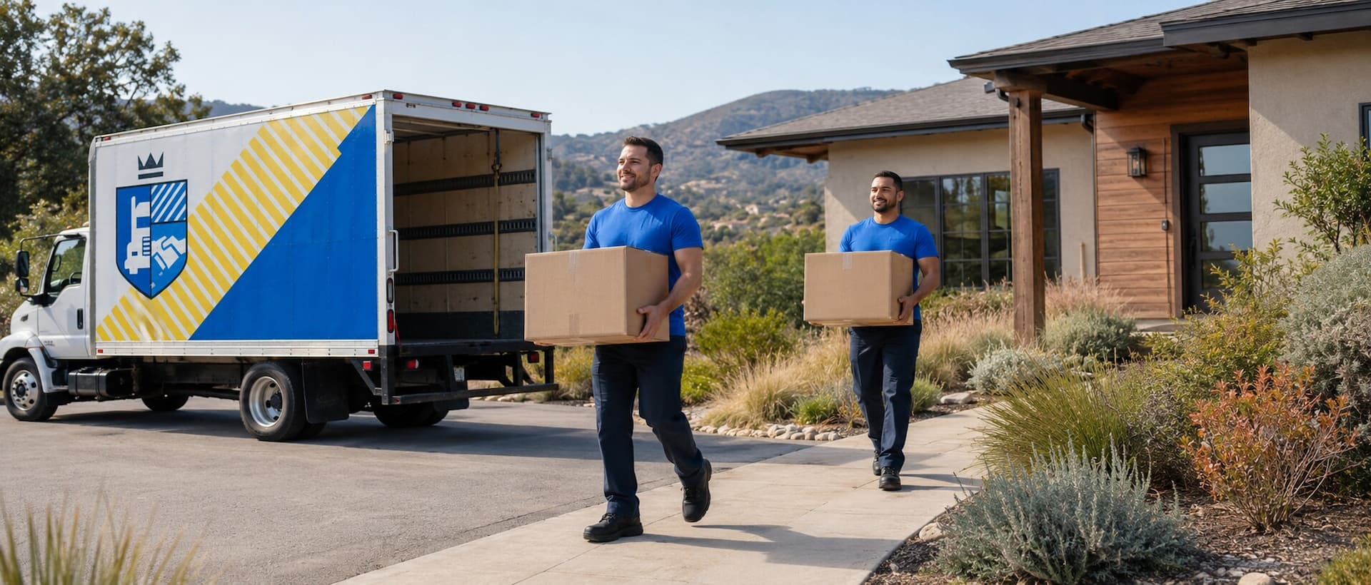Esquire movers carrying moving boxes from a branded truck to a California home