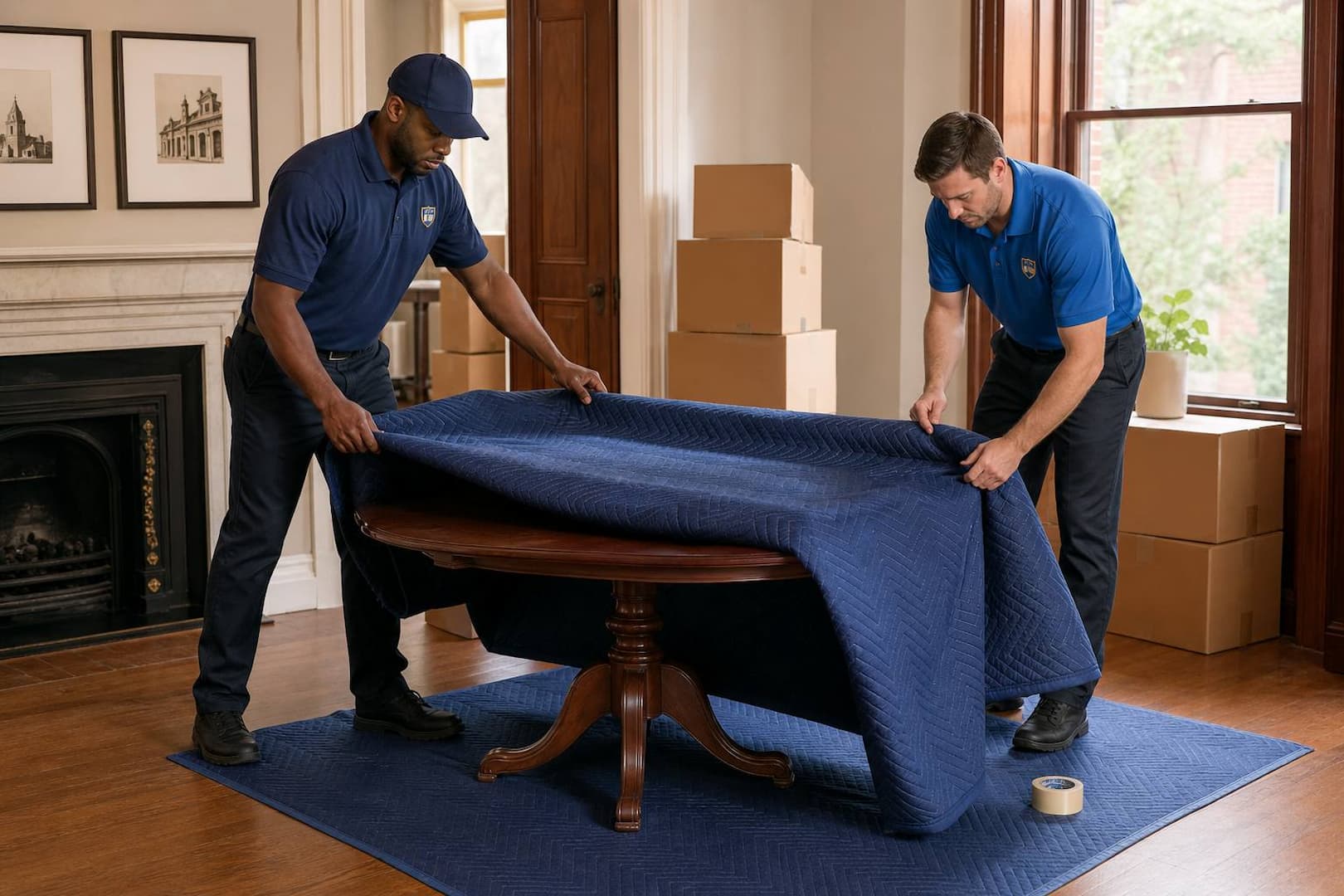 Two professional Esquire movers protecting a dining table in a Boston home
