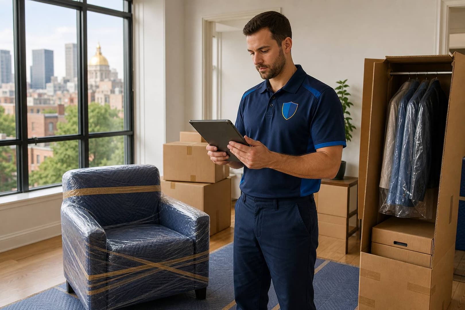Professional mover reviewing a household inventory in a prepared Boston apartment