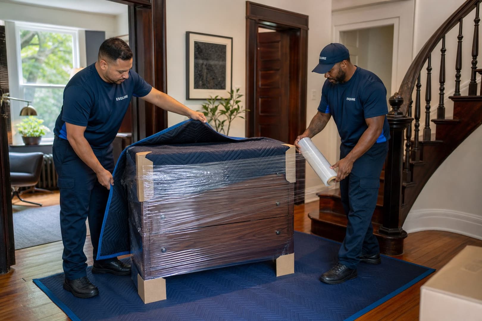 Esquire movers wrapping and loading furniture for the interstate move from Boston