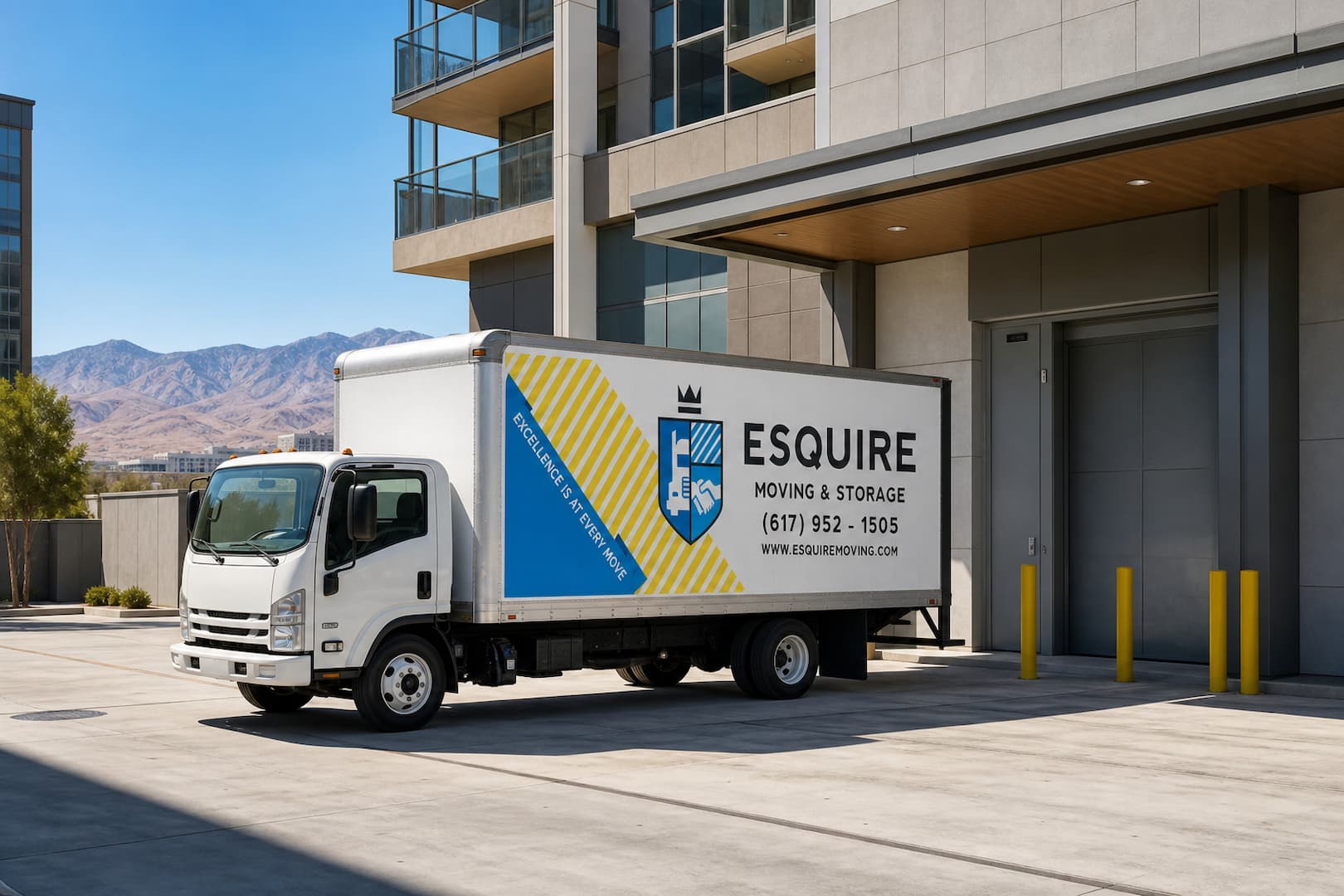 Esquire Moving truck at a Las Vegas residential high-rise loading entrance