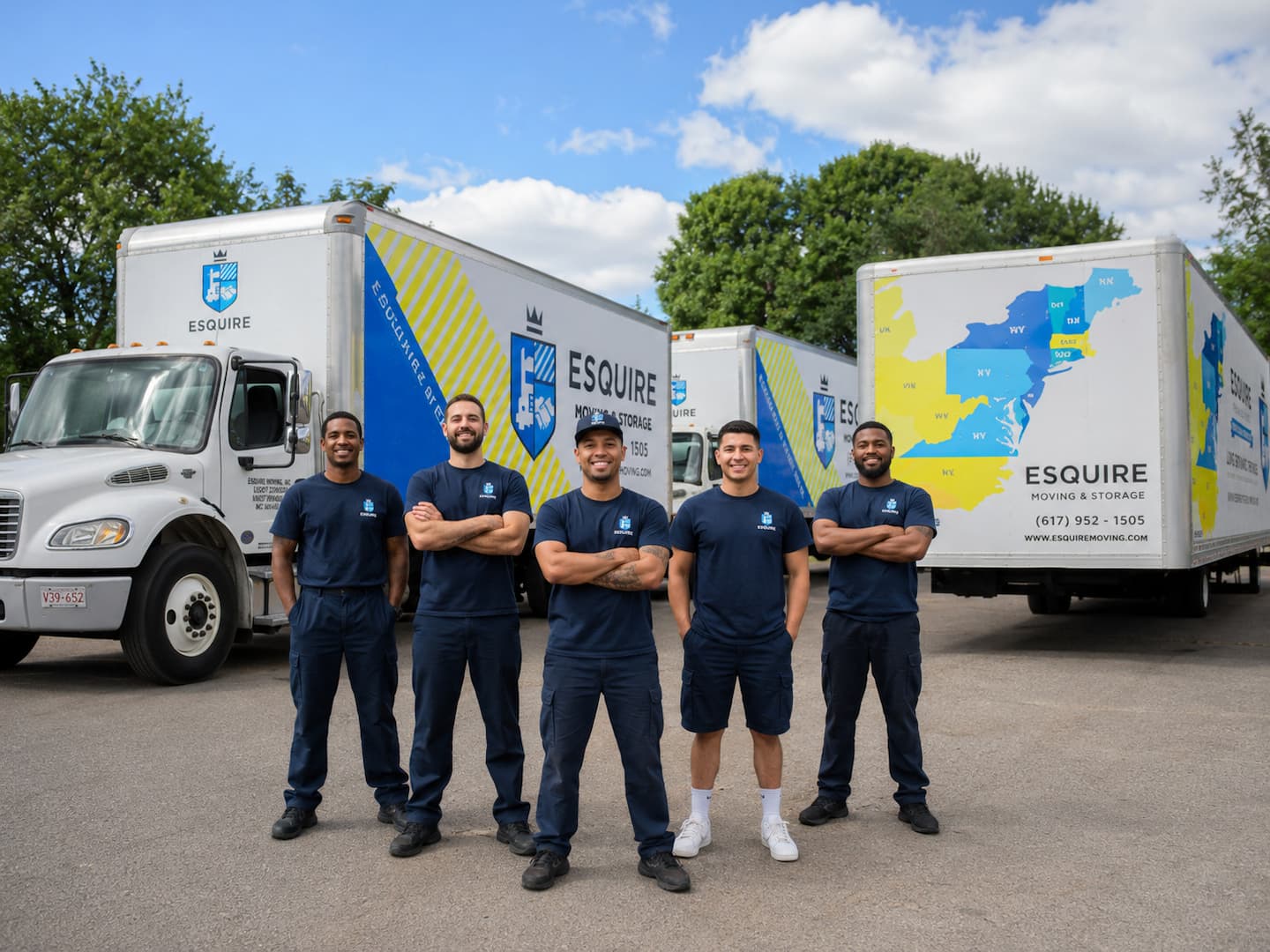 Esquire Moving interstate crew standing beside branded long-distance moving trucks