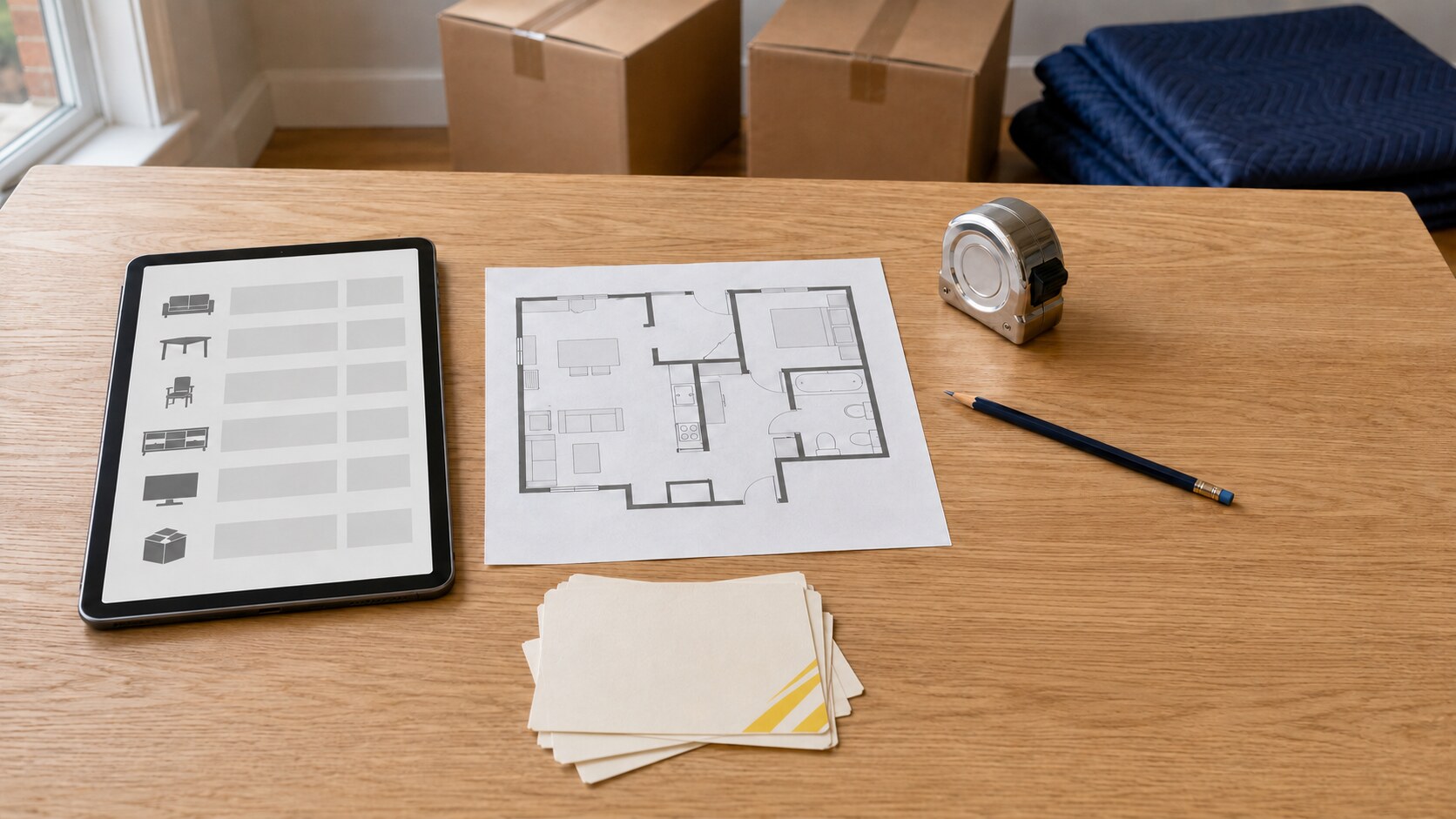 Moving inventory tablet, floor plan and measuring tools for a Boston to New York estimate