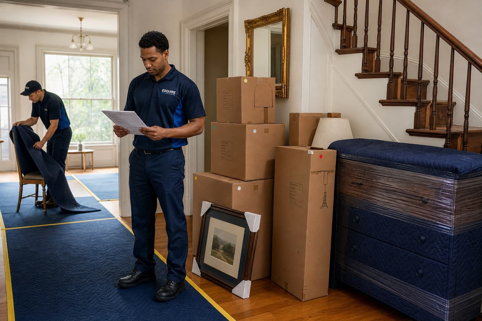 Esquire mover reviewing the inventory beside protected furniture and packed boxes in a Boston home