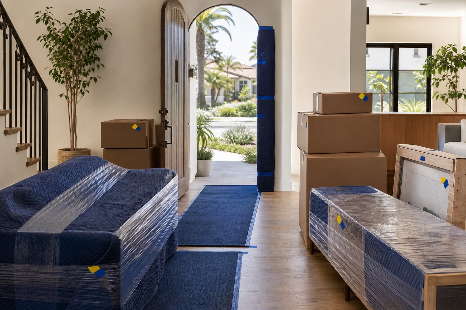 Furniture, cartons, doorway and floors protected for a Boston to San Diego move