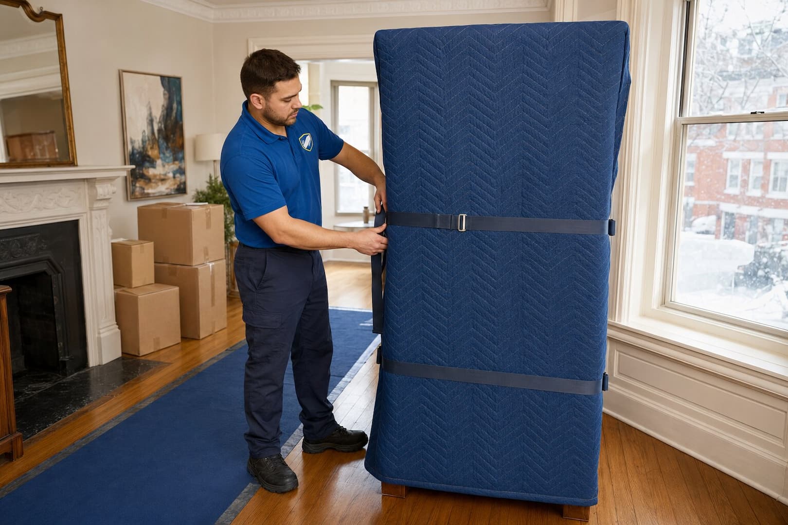 Esquire mover securing a blanket-wrapped cabinet in a Boston home during winter