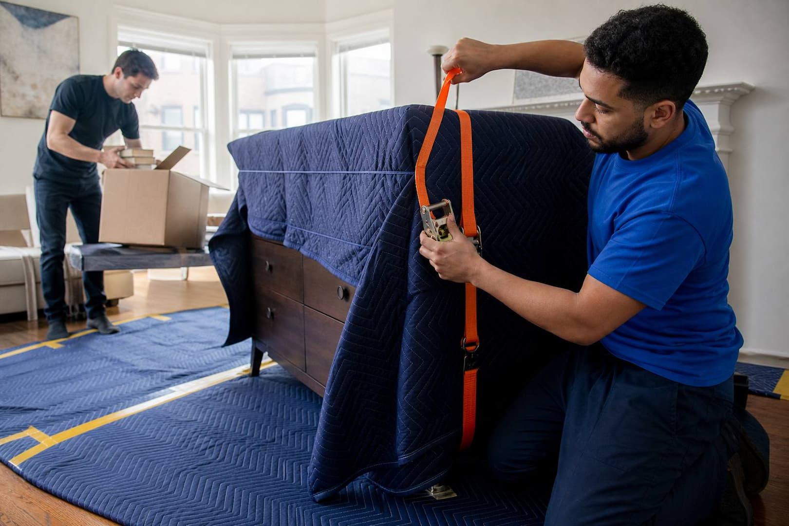 Professional movers preparing blanket-wrapped furniture and packing books for a cross-country shipment