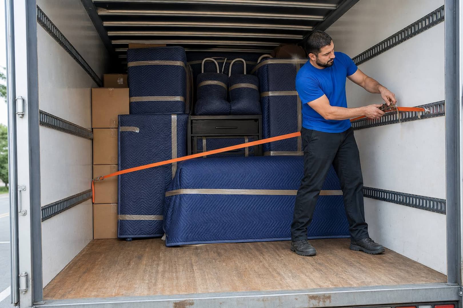 Professional mover securing blanket-wrapped furniture and cartons inside a long-distance moving truck