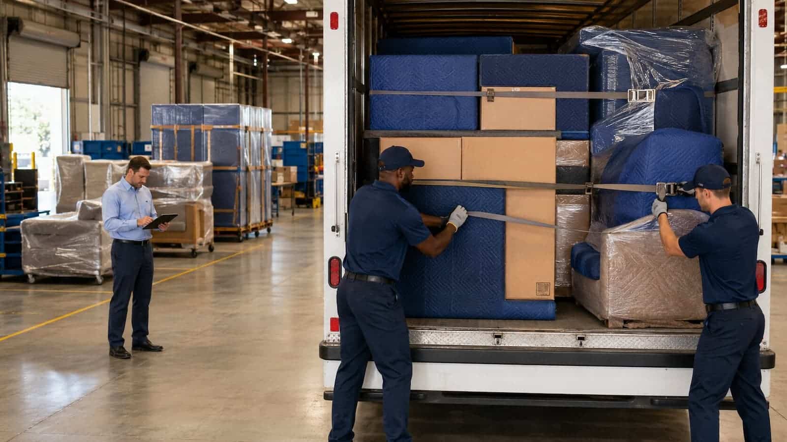 Movers securing a separated household shipment inside a truck at an interstate moving warehouse