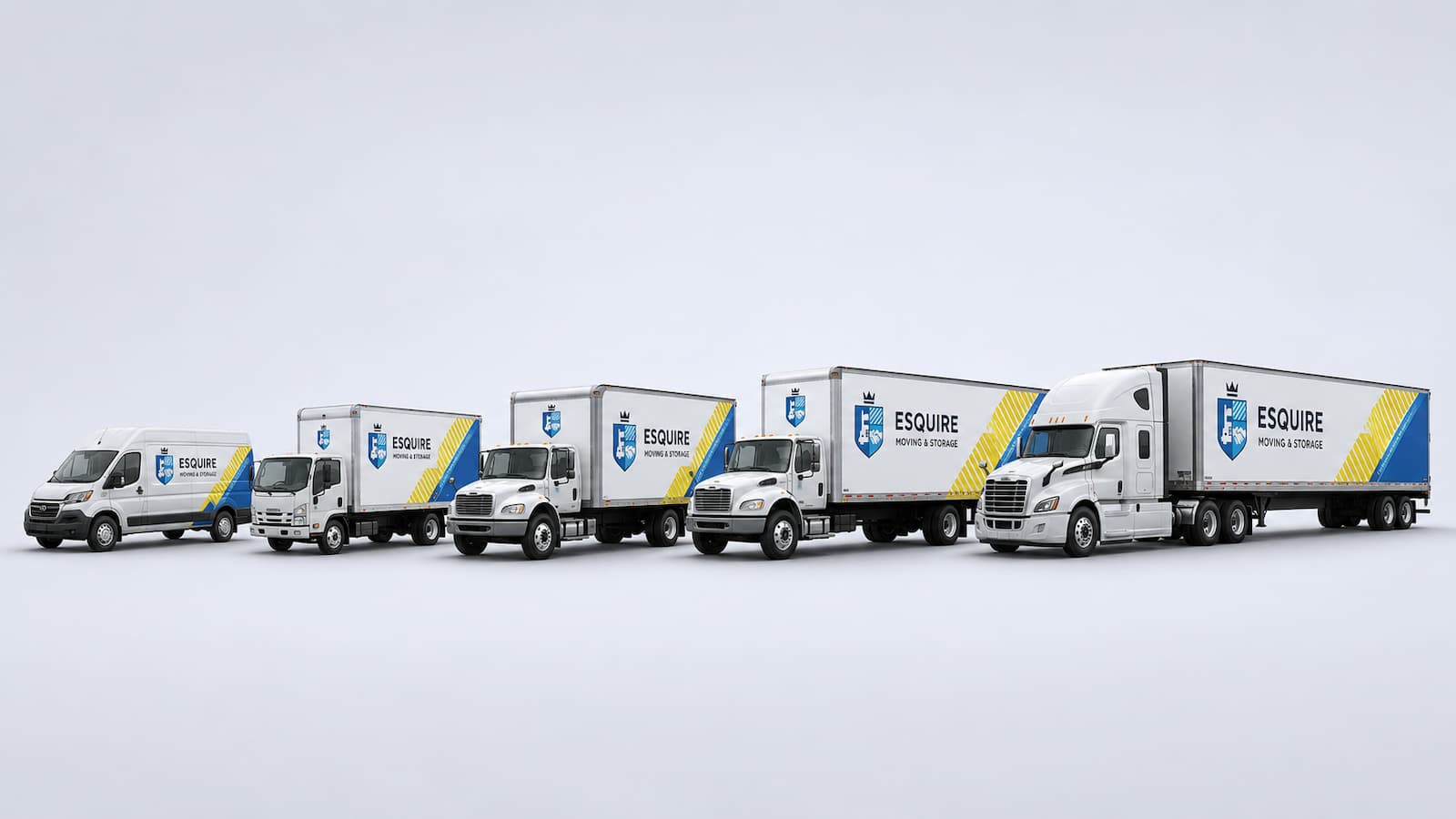 Esquire Moving fleet with cargo van, box trucks, straight trucks, and long-distance trailer