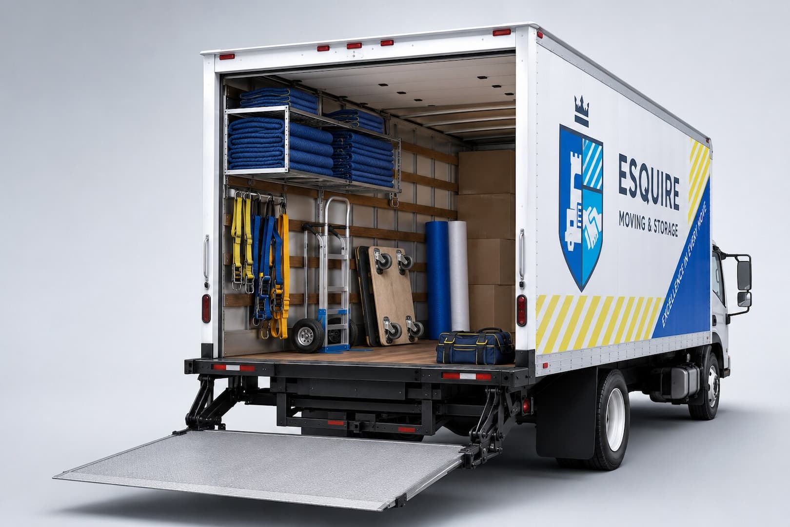 Interior of an Esquire moving truck with blankets, dollies, straps, and liftgate