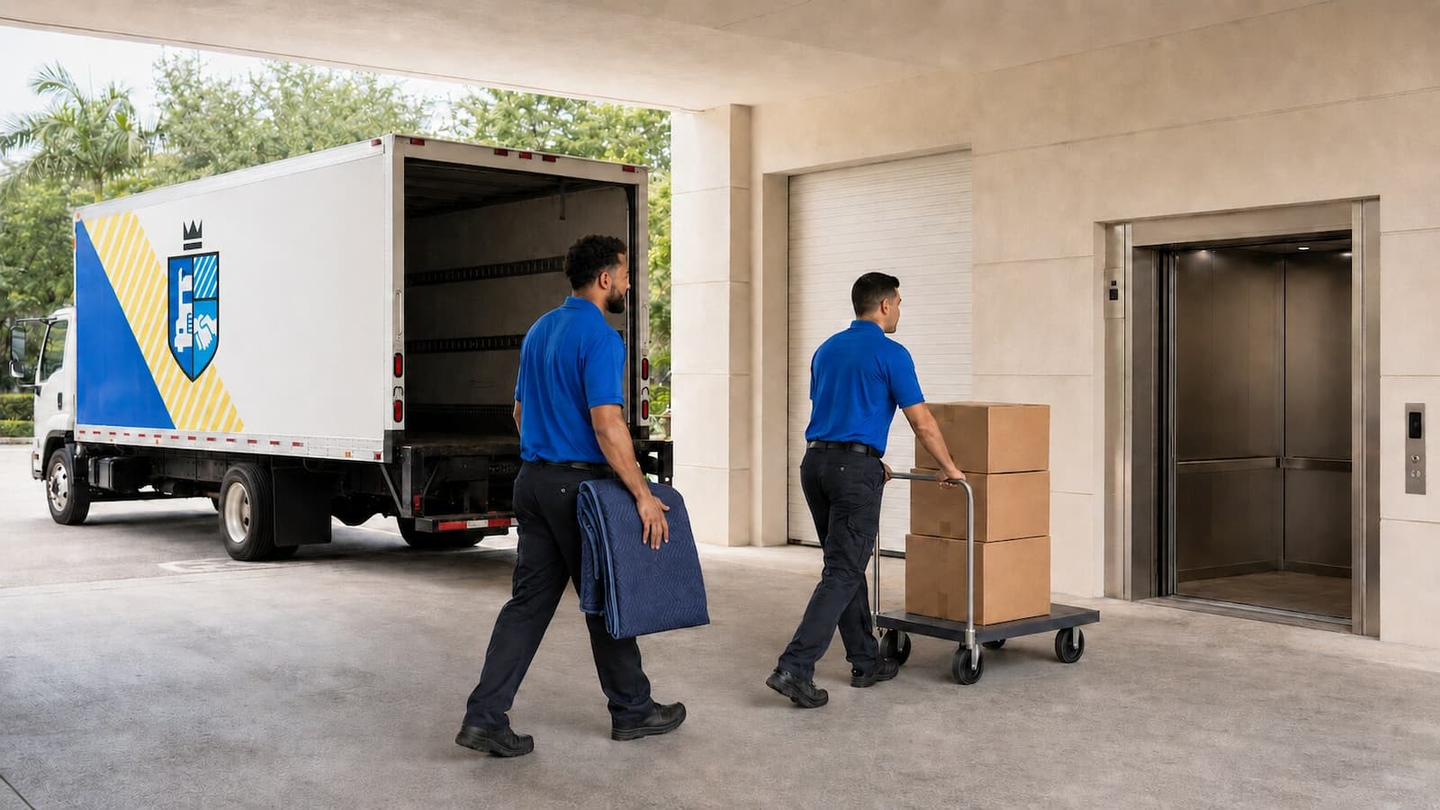 Esquire movers taking sealed boxes toward a Florida condominium service elevator