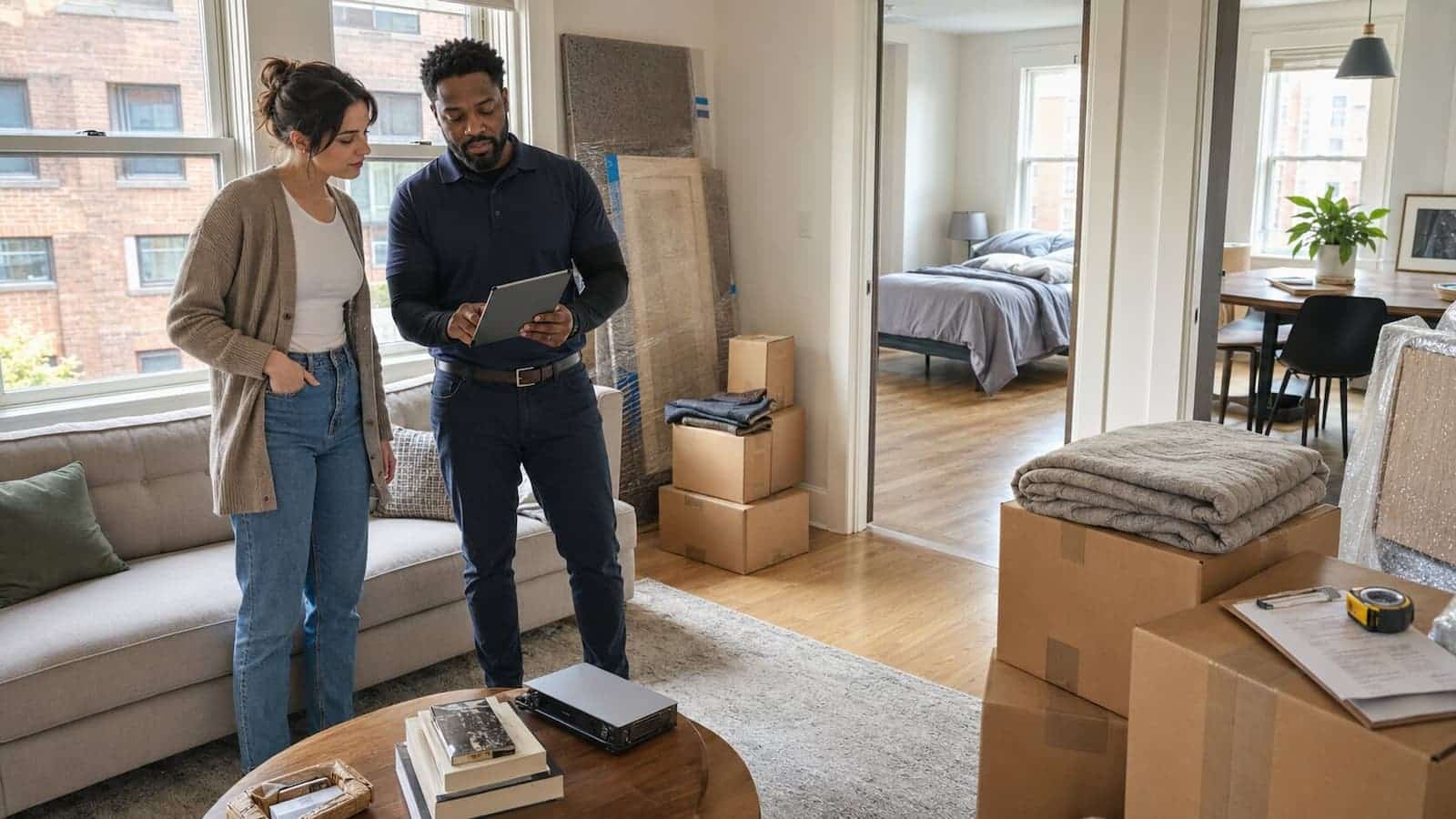 Mover and customer reviewing a detailed inventory for a long-distance move from a Boston apartment