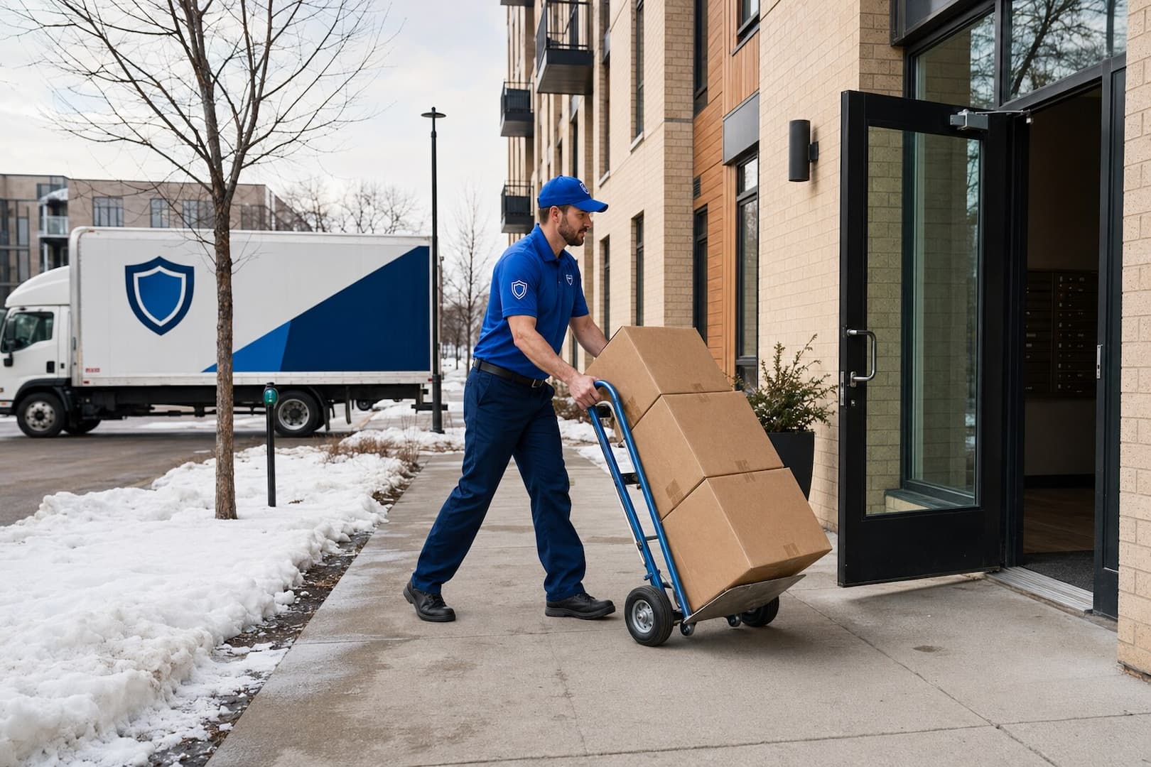 Esquire mover delivering boxes to a Minneapolis apartment building in winter