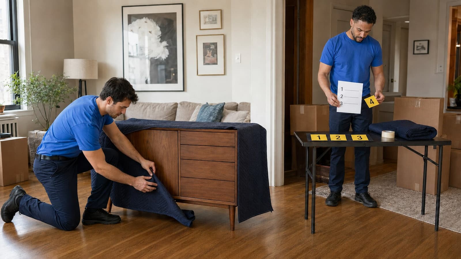 Esquire movers protecting furniture and organizing room labels for a New York to Florida move