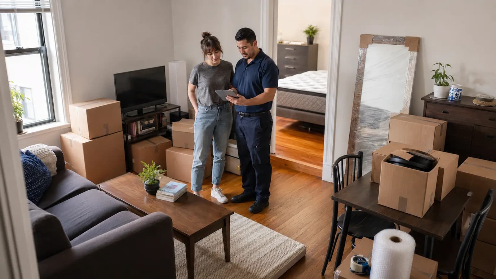 One-Bedroom Apartment Moving Inventory Estimate in Boston Mover and resident reviewing the furniture and boxes in a Boston one-bedroom apartment before estimating the move