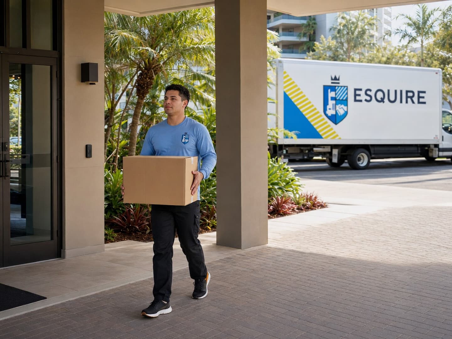 Esquire mover carrying a packed box into an Orlando apartment building