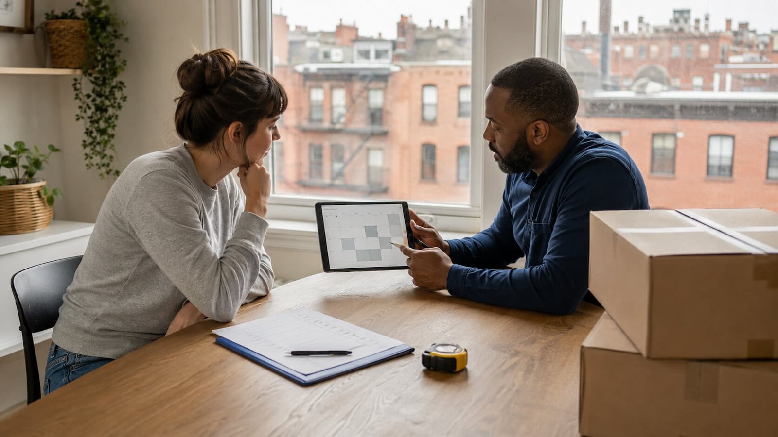 Boston renter and moving estimator comparing mid-month and end-of-month move dates on a tablet