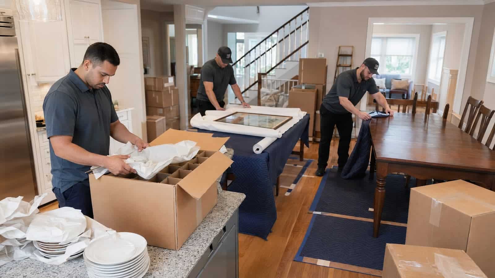 Professional movers packing dishes, artwork and dining furniture in a three-bedroom Boston house
