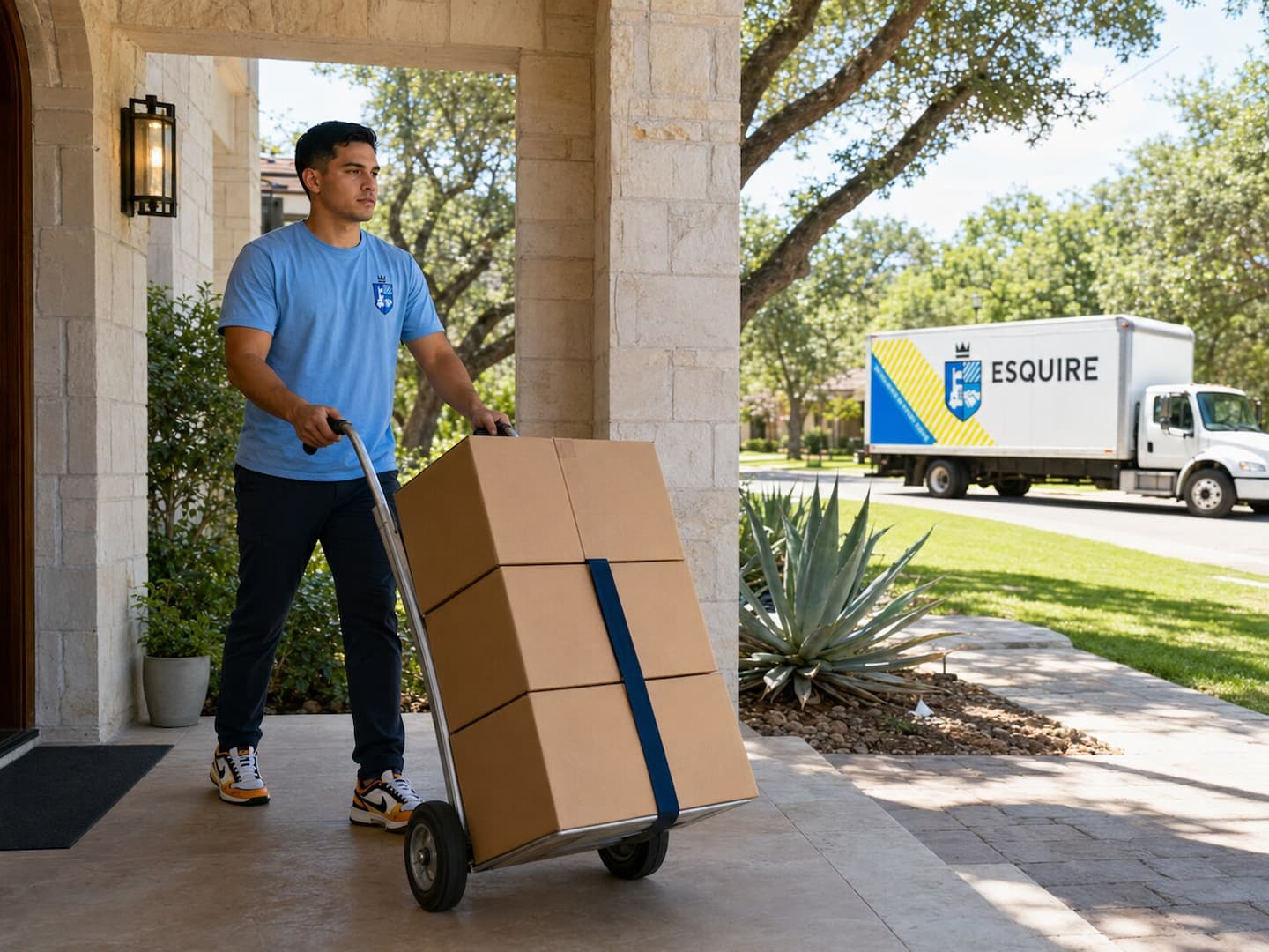 Esquire mover delivering secured boxes to a San Antonio limestone home