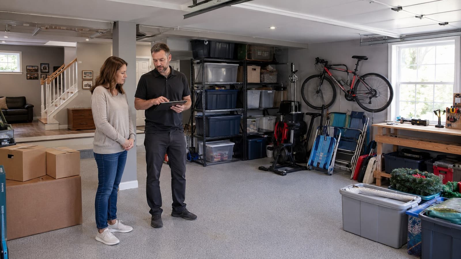 Mover and homeowner reviewing basement and garage inventory before a three-bedroom house move in Boston