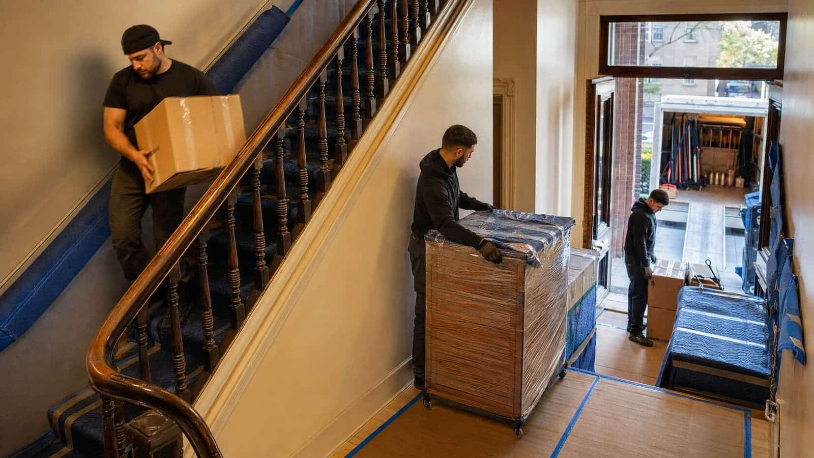 Three movers working as a coordinated crew on the protected staircase of a Boston two-bedroom apartment building