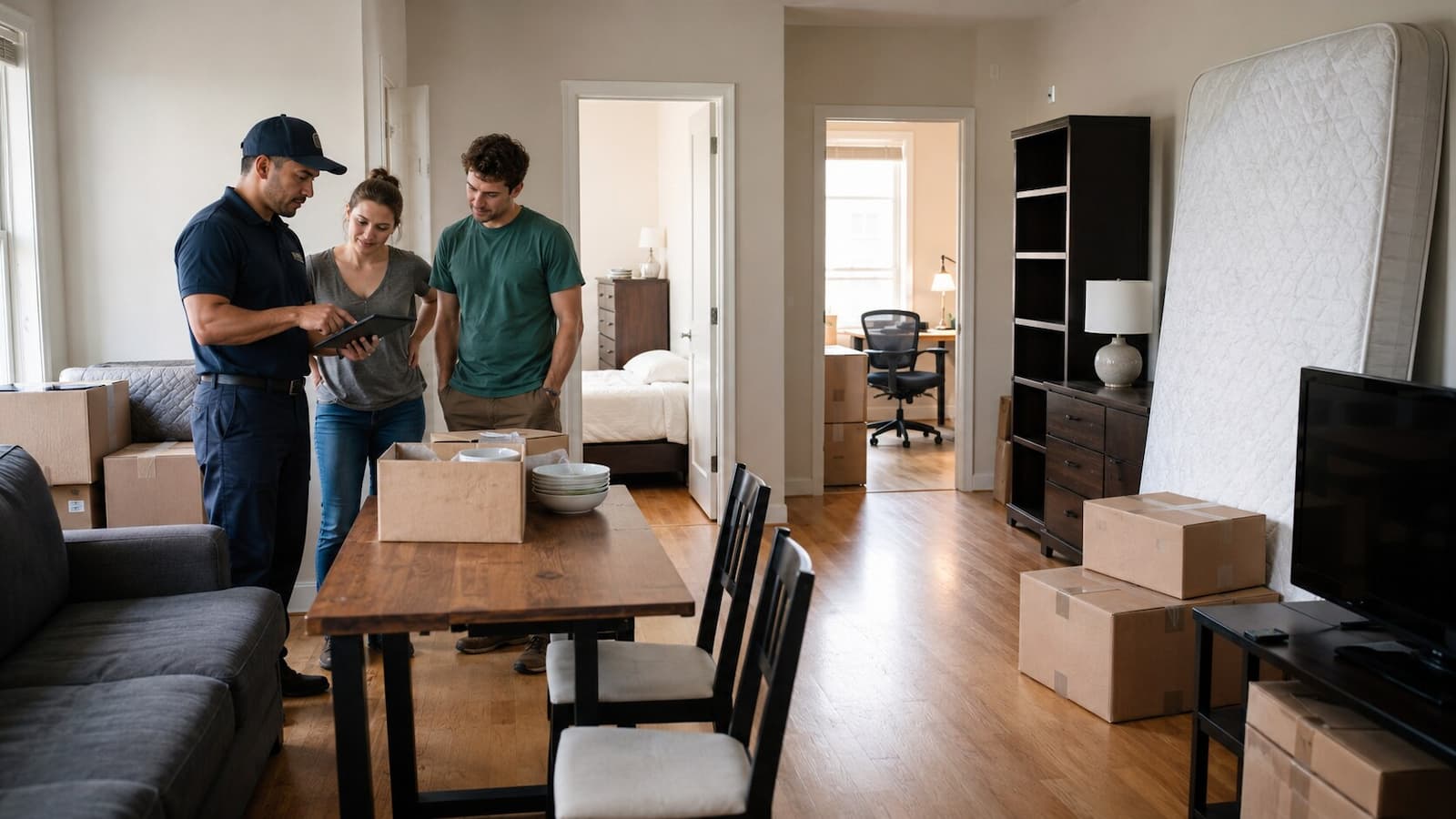 Mover reviewing furniture, boxes and two separate rooms during a Boston two-bedroom apartment inventory estimate