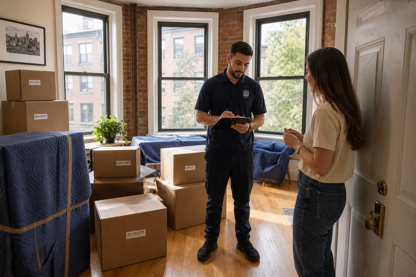 Esquire mover reviewing an Allston apartment handoff with labeled moving boxes