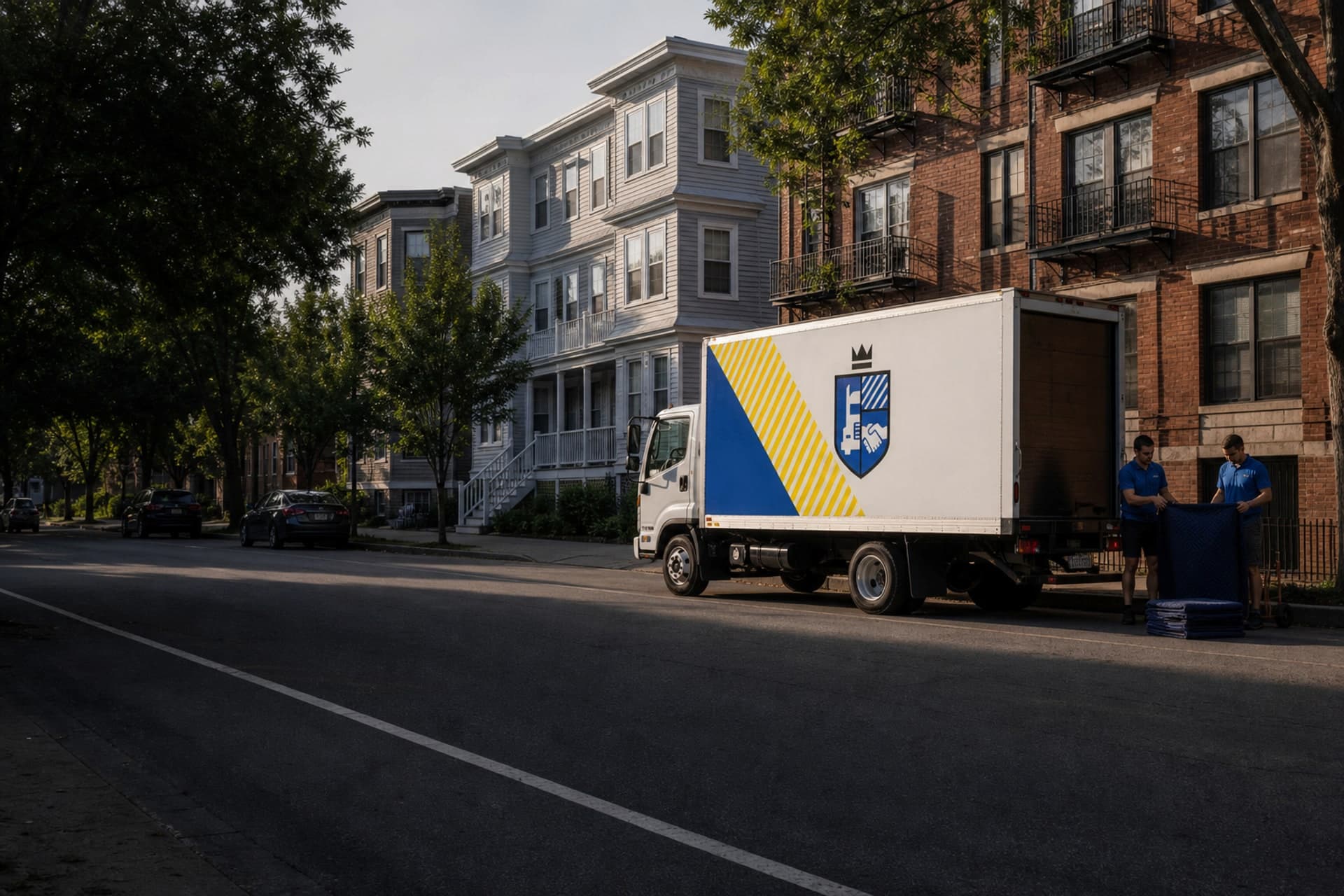 Esquire Moving truck and uniformed crew beside Allston apartments in Boston