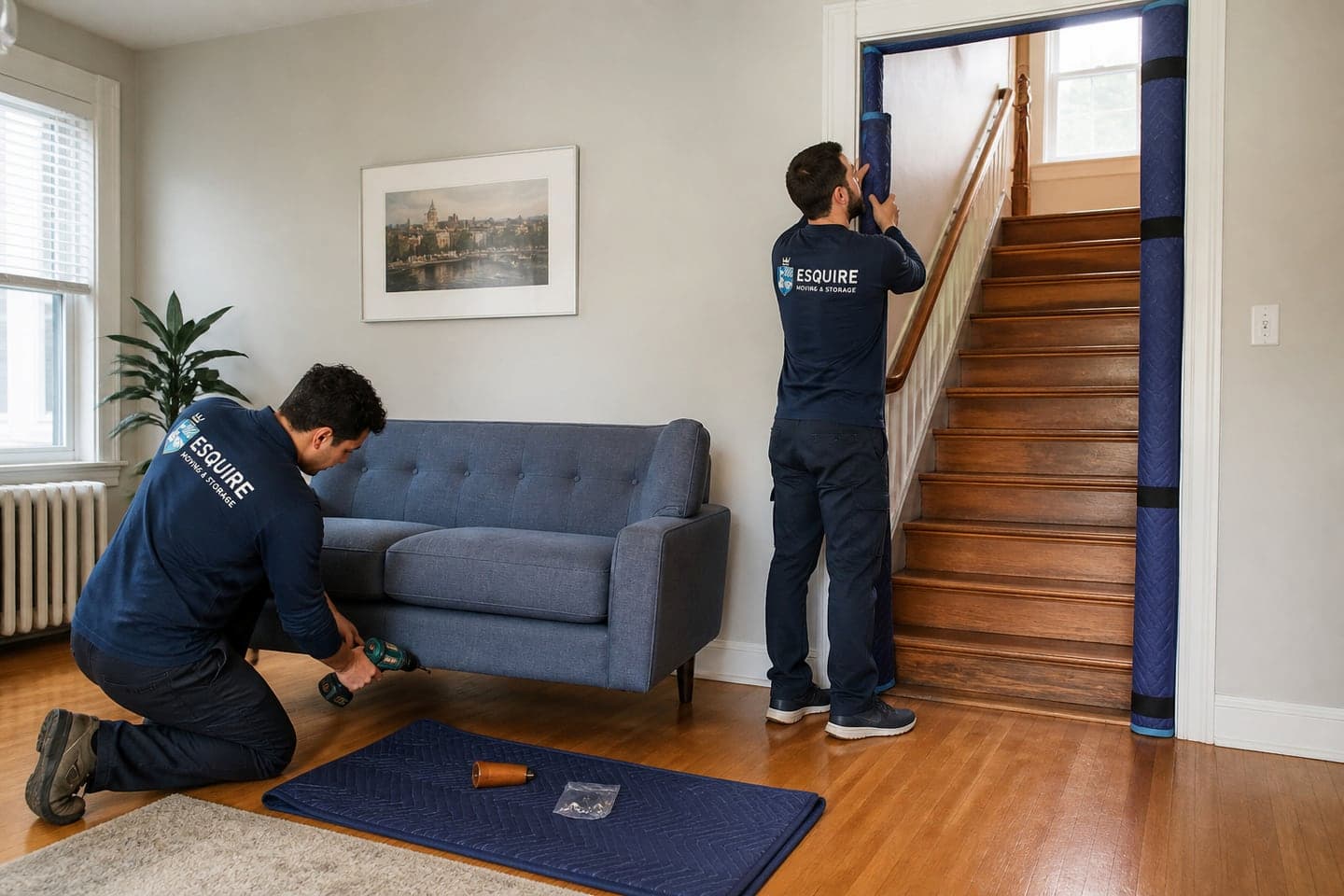Esquire movers preparing a loveseat and protecting the doorway beside an Allston walk-up staircase