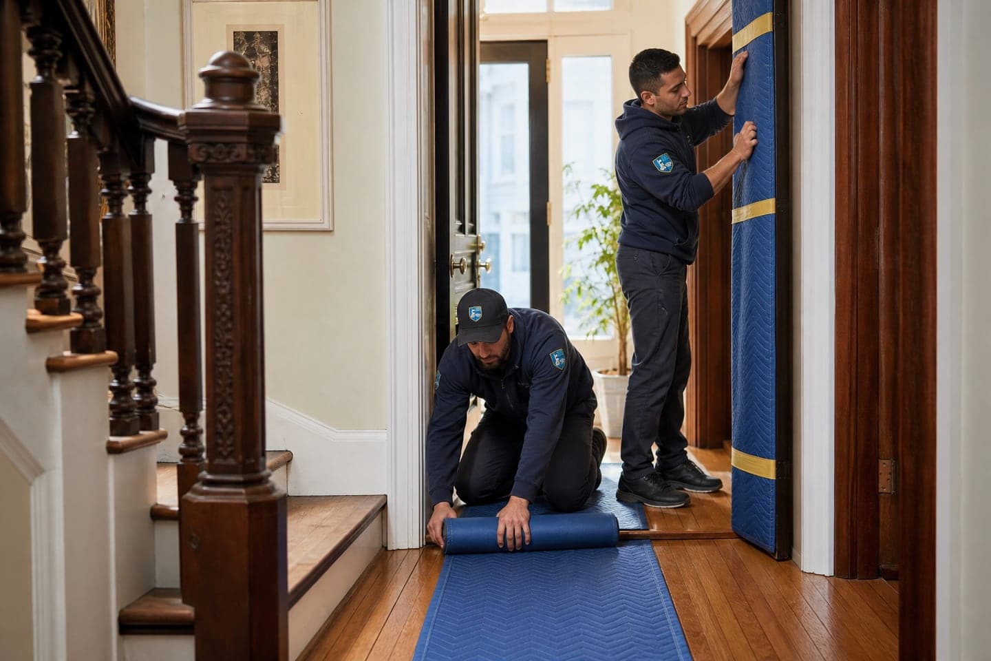 Esquire movers protecting hardwood floors and woodwork inside a Back Bay brownstone