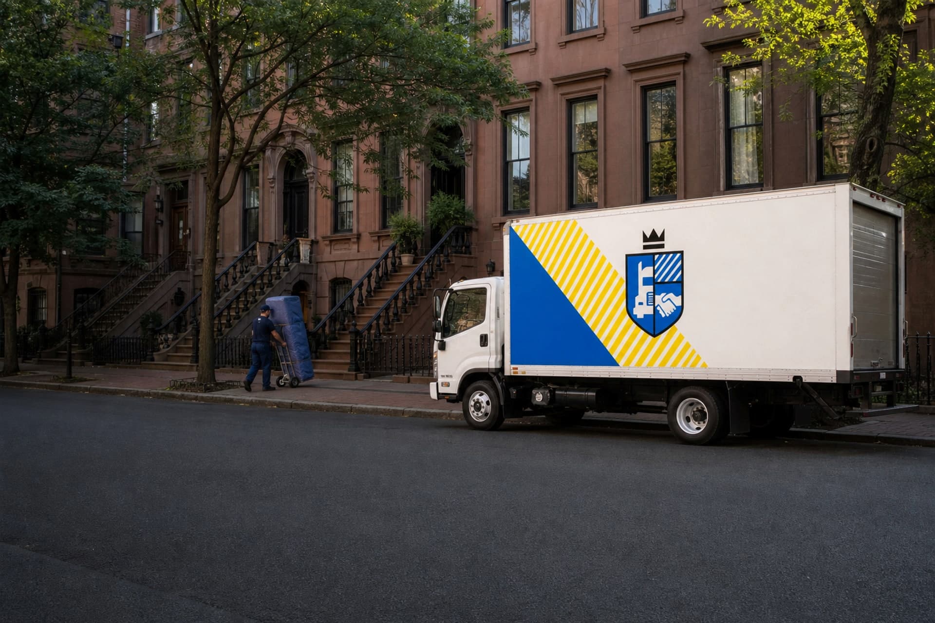 Esquire Moving truck legally parked beside Back Bay brownstones in Boston