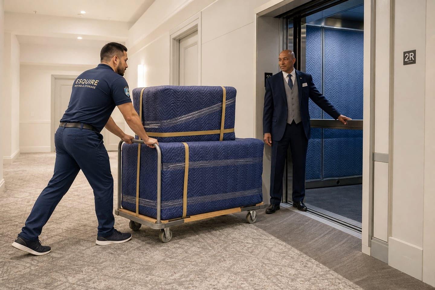 Esquire mover bringing protected furniture to a Back Bay service elevator