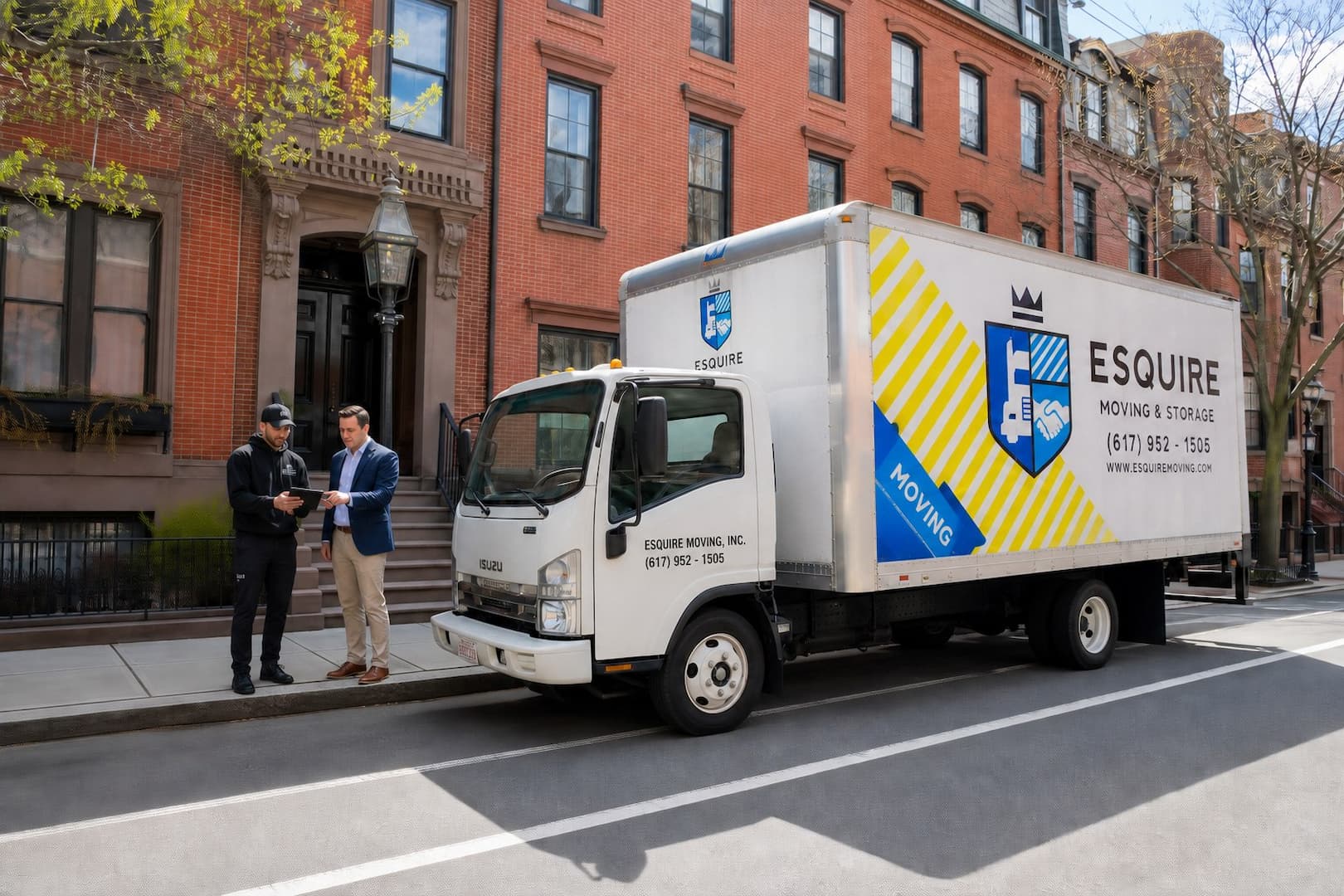Esquire Moving crew lead reviewing Boston curb access with a building manager