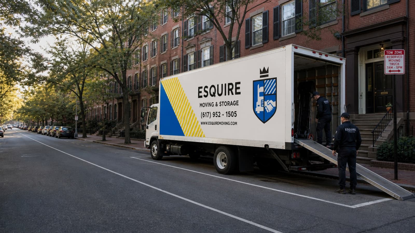 Esquire Moving truck parked in a reserved curb space beside Boston brownstones