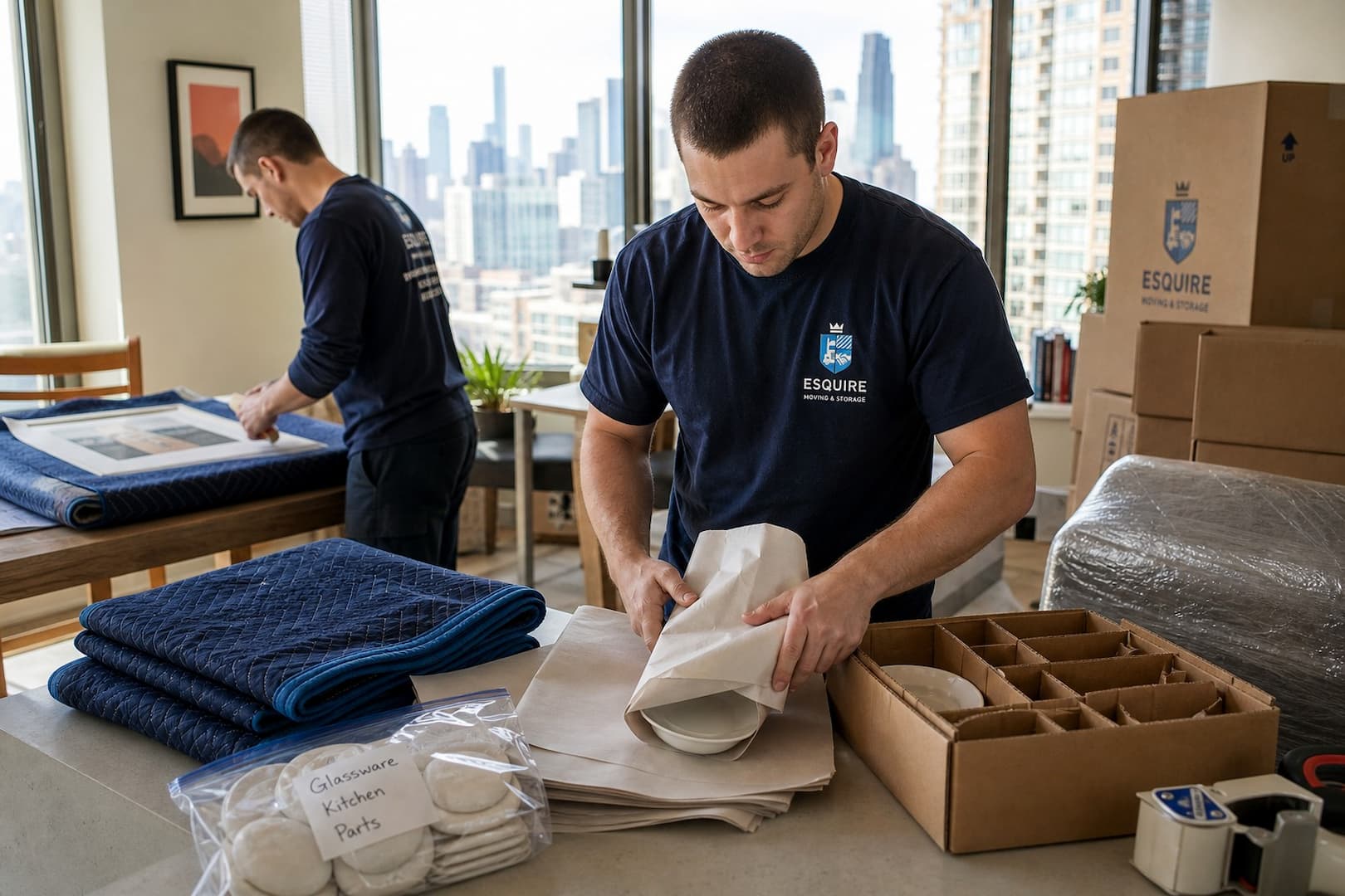 Esquire mover packing dishware and fragile items in a Chicago condo for interstate transport