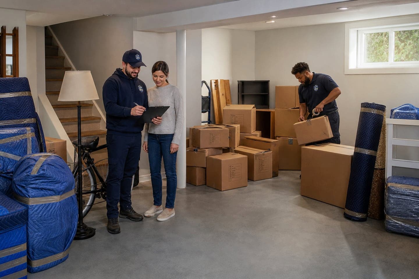 Esquire mover reviewing basement and garage items for a Dorchester household move