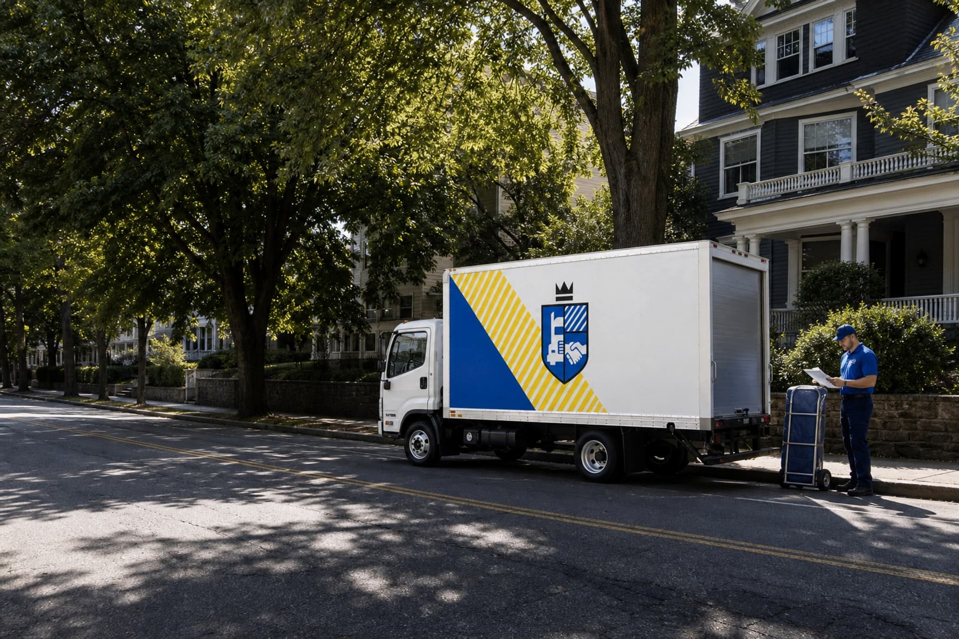Esquire Moving truck on a tree-lined Dorchester residential street in Boston