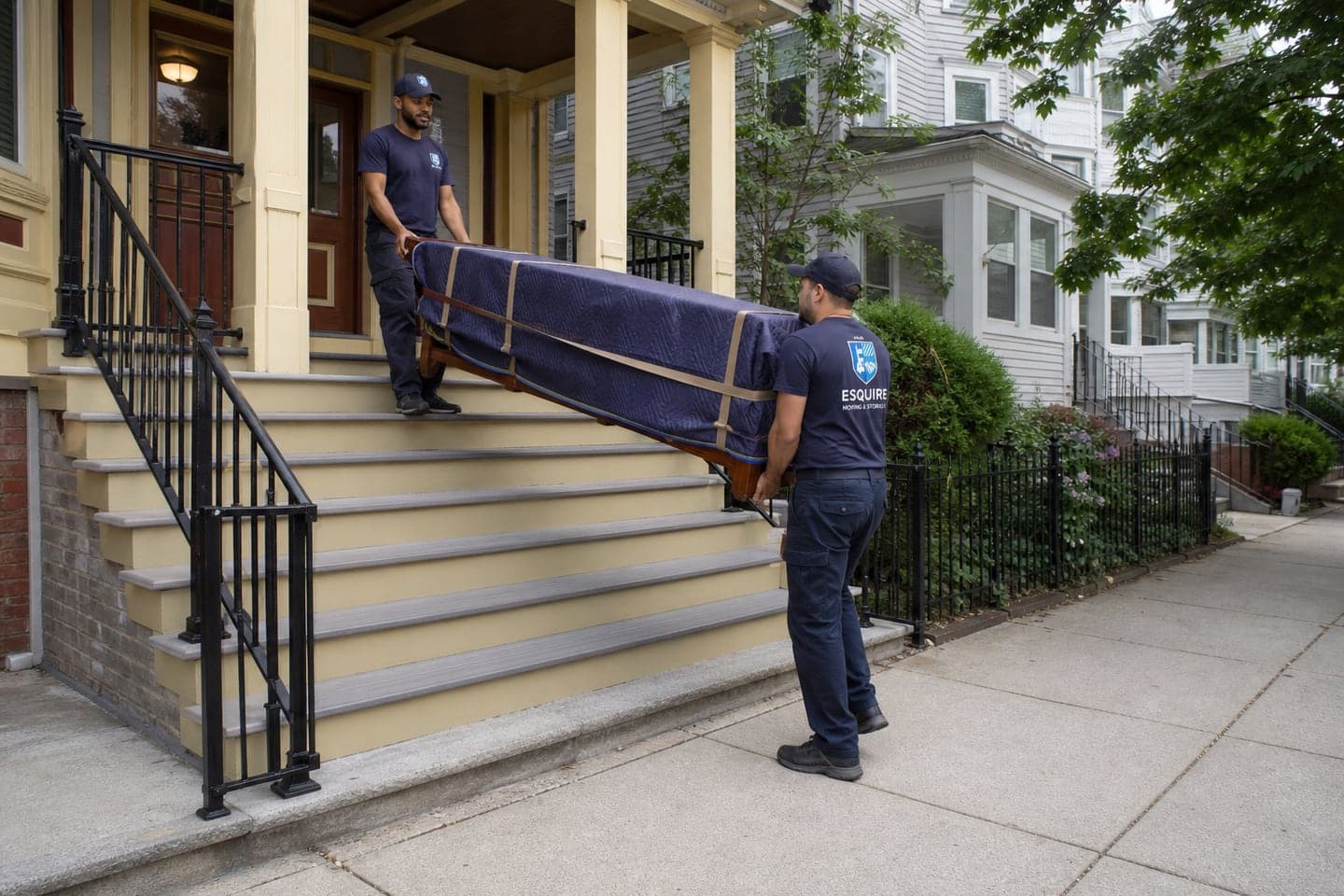 Esquire movers carrying protected furniture on the porch stairs of a Dorchester triple-decker