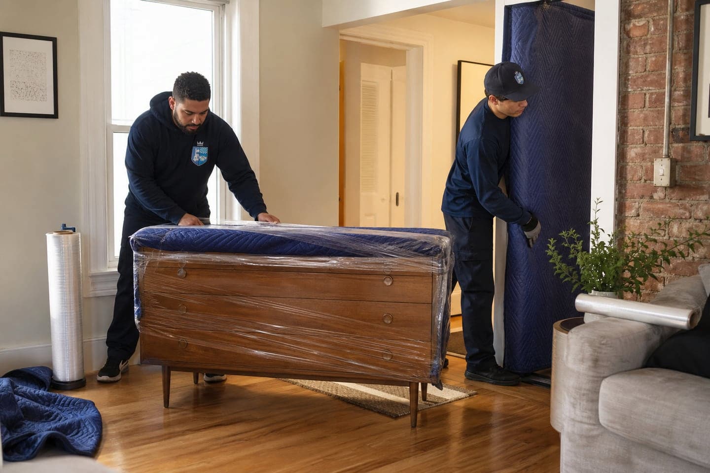 Esquire movers wrapping a dresser inside an East Boston apartment