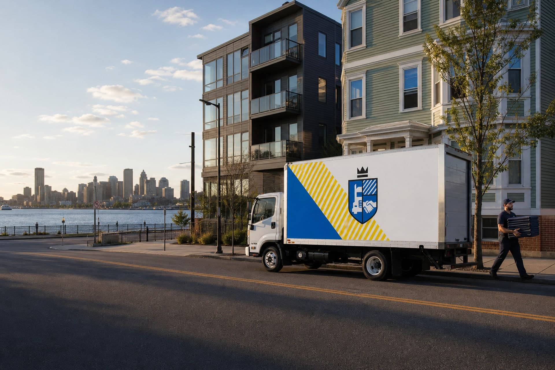 Esquire Moving truck beside East Boston waterfront homes and apartments
