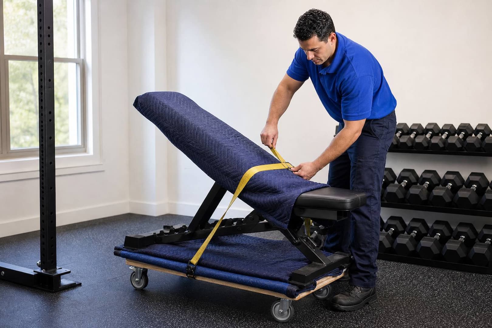 Esquire mover securing a protected adjustable weight bench to an equipment dolly
