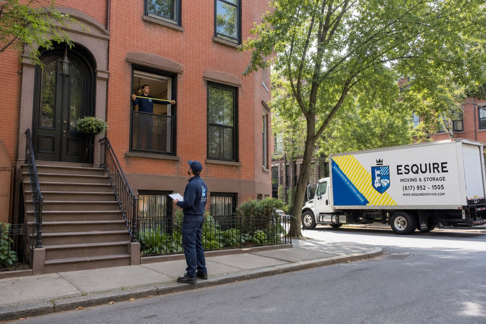 Esquire Moving crew reviewing window access at a Boston brownstone